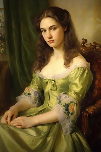 18th Century Portrait painting of a woman with long light-brown hair, wearing vibrant green floral regency gown with long sleeves, front facing portrait, facing forward, looking at you, sitting pose, regency, tudor, soft cool lighting, natural daylight, uplight, light background, oil painting, detailed portrait, 8k, hd, realistic, in the style of Joseph Karl Steiler, in the style of Eduard Friedrich Leybold --ar 2:3 --q 2 --v 5.1