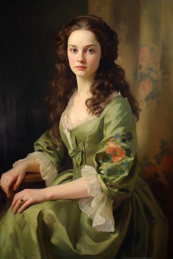 18th Century Portrait painting of a woman with long light-brown hair, wearing vibrant green floral regency gown with long sleeves, front facing portrait, facing forward, looking at you, sitting pose, regency, tudor, soft cool lighting, natural daylight, uplight, light background, oil painting, detailed portrait, 8k, hd, realistic, in the style of Joseph Karl Steiler, in the style of Eduard Friedrich Leybold --ar 2:3 --q 2 --v 5.1