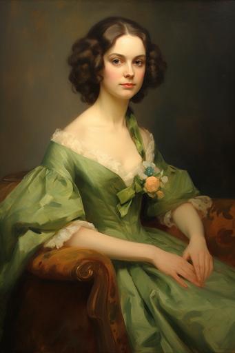 18th Century Portrait painting of a woman with long light-brown hair, wearing vibrant green floral regency gown with long sleeves, front facing portrait, facing forward, looking at you, sitting pose, regency, tudor, soft cool lighting, natural daylight, uplight, light background, oil painting, detailed portrait, 8k, hd, realistic, in the style of Joseph Karl Steiler, in the style of Eduard Friedrich Leybold --ar 2:3 --q 2 --v 5.1