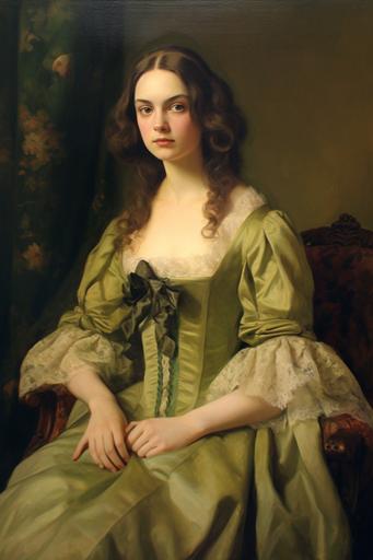 18th Century Portrait painting of a woman with long light-brown hair, wearing vibrant green floral regency gown with long sleeves, front facing portrait, facing forward, looking at you, sitting pose, regency, tudor, soft cool lighting, natural daylight, uplight, light background, oil painting, detailed portrait, 8k, hd, realistic, in the style of Joseph Karl Steiler, in the style of Eduard Friedrich Leybold --ar 2:3 --q 2 --v 5.1
