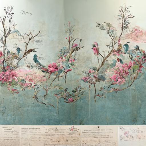 18th century chinoiserie wallpaper mural, pale turquoise background, deep pink blooms, birds, delicate watercolour fantasy style