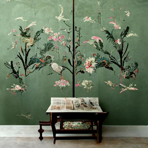 18th century chinoiserie wallpaper mural with pale green and pink. botanical plants and birds