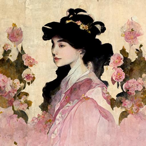 18th century chinoiserie wallpaper mural, young lady in eveing suit, john singer sargent painter style, pink roses
