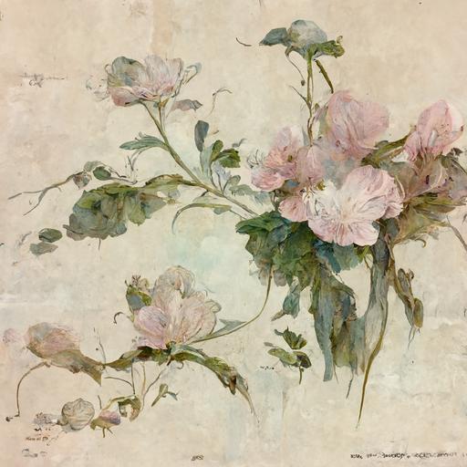 18th century wallpaper mural, blooming pink roses, pale blue and green background, delicate botanical watercolour style, john singer sargent painting style