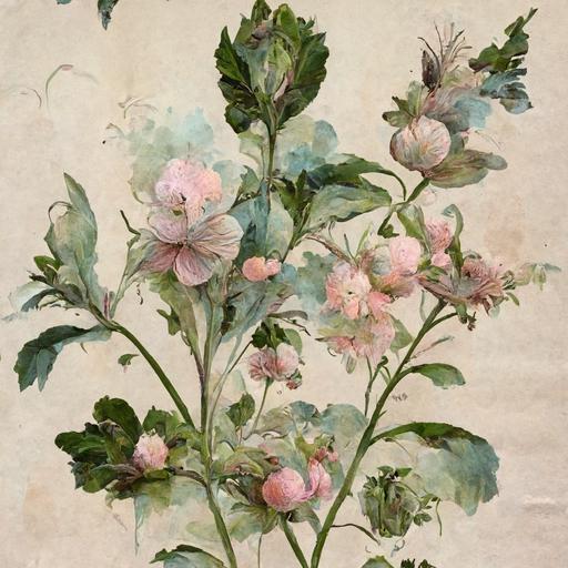 18th century wallpaper mural, blooming  pink roses, pale blue and green background, delicate botanical watercolour style