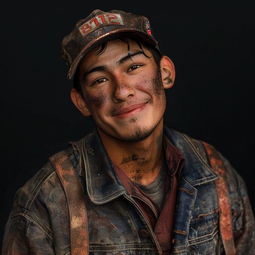 19 year old native american man, dressed in american 1920s auto Mechanic clothing, happy, smiling, hyper-detailed, realistic, hdr, 85mm, f2.0, in high resolution, hyper-maximalism, 8k 3d, all details are well defined, focus, atmospheric perspective, Photo taken with a professional camera, black background, v6.0