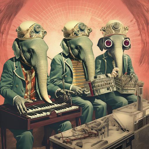 1900s illustration of three angry retro wave elephantas playing in a synthesizer band