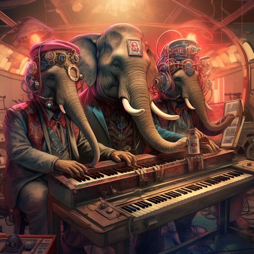 1900s illustration of three angry retro wave elephantas playing in a synthesizer band