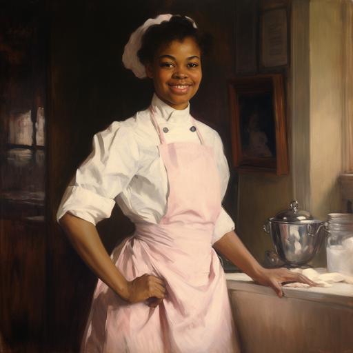1906 painting using rembrandt lighting of a light skin African American female nurse, 33, playfully smiling, standing, in a 1906 victorian hospital room, in a 1906 nurse's uniform - white dress - pink apron - puffy white sleeve at the shoulders - a small pink nurses cap and stiff white pinafore.