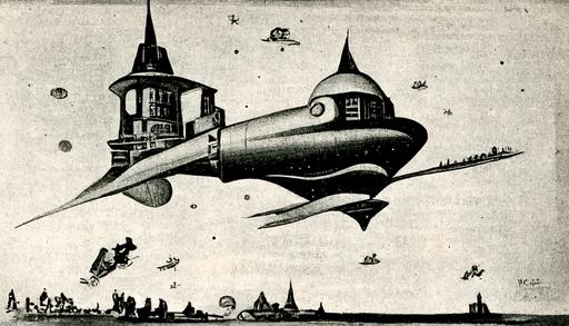 1920s black and white cartoon, rocketship flying past the man on the moon, highly detailed, --ar 16:9