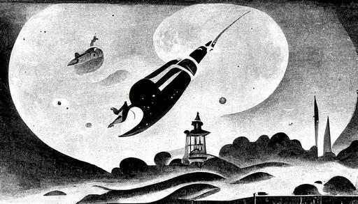 1920s black and white cartoon, rocketship flying past the man on the moon, highly detailed, --ar 16:9