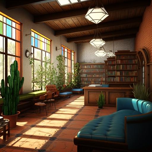 1920s public library, wood interiors, wooden bookshelves, adobe and brick walls reminiscent of Mexican architecture, colorful green blue orange mosaic tiled floors, large windows with sheer curtains, central atrium, indoor plants, cactus and foliage, computers record player typewriter on large wooden desks, sunlight filtering through the window:: --v 4