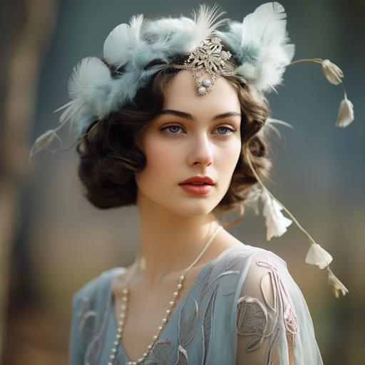 1920style woman with straight hair with light blue dress and with feather in headband in spring