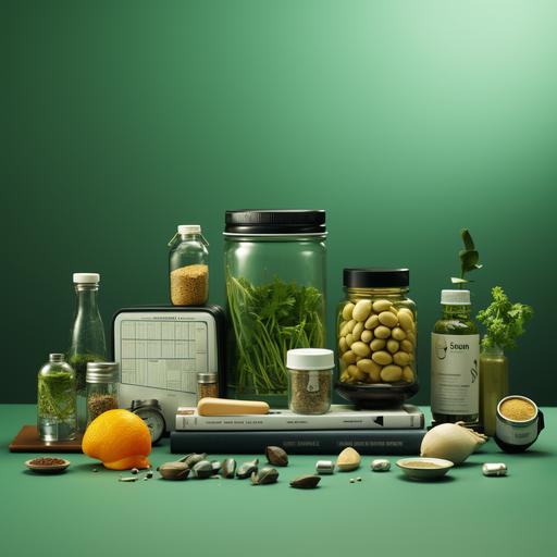 1920x1080 a realistic collage on a green background with hex 02544c that includes a digital scale weight, pills, a smartwatch, a book, a green blender bottle, a protein flask and a green moleskine agenda --s 250