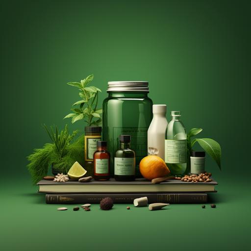 1920x1080 a realistic collage on a green background with hex 02544c that includes a digital scale weight, pills, a smartwatch, a book, a green blender bottle, a protein flask and a green moleskine agenda --s 250