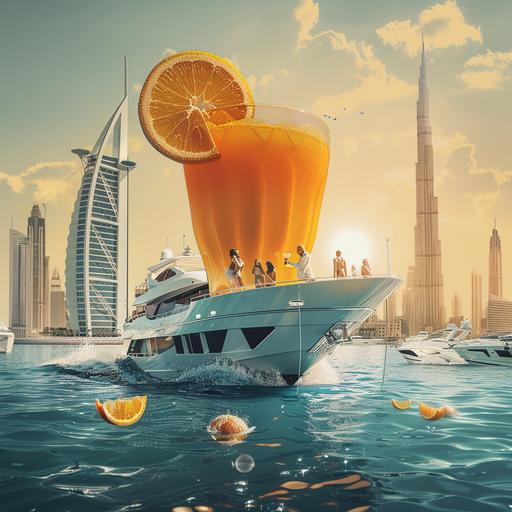 lot of yachts sailing in side a big orange juice cup, people inside yatch fetching the juice form the cup and drinking it, bright sun at the background and Dubai Marina wide angle backgound , instagram poster, clean, amazing, fresh, modern, photorealistic, bright