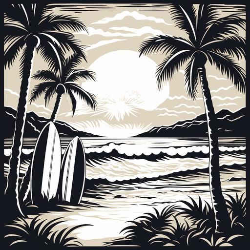 linocut style: Transport yourself to a retro tropical paradise with this black and white illustration. Palm trees sway gently along the sandy shore while crystal-clear waves roll in. The surfboards lined up on the beach have classic designs, reflecting the carefree and vibrant atmosphere of the 1960s surf culture. The absence of color adds a touch of elegance to this vintage beach scene.