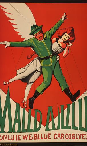 1930s Vaudeville poster, anime reimagining, it features the flying ace in a pilot's outfit circa WW1 and the lithe trapeze artist woman in red, the two of them hugging, on a green and black circus backdrop, ticket price on the bottom right, legal jargon small and white in the left edge --ar 3:5 --niji 5