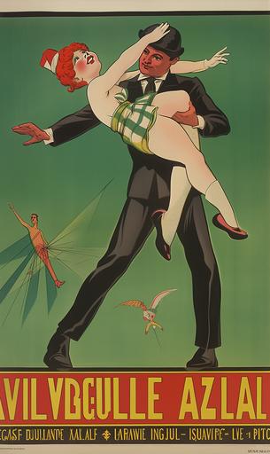 1930s Vaudeville poster, anime reimagining, it features the flying ace and the lithe trapeze artist, the two of them hugging, on a green and black circus backdrop, ticket price on the bottom right, legal jargon small and white in the left edge --style expressive --ar 3:5 --niji 5