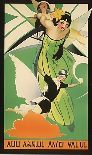 1930s Vaudeville poster, anime reimagining, it features the flying ace and the lithe trapeze artist, the two of them hugging, on a green and black circus backdrop, ticket price on the bottom right, legal jargon small and white in the left edge --ar 3:5 --niji 5