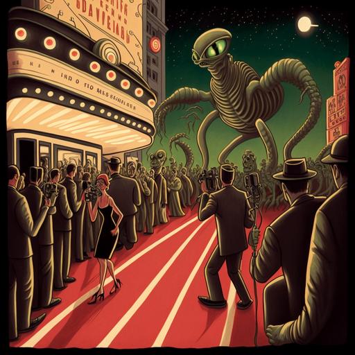 1930s hollywood, night time, a red carpet is rolled, aliens are walking on it, humans are excited and taking pictures with old fashioned cameras.