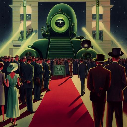 1930s hollywood, night time, a red carpet is rolled, aliens are walking on it, humans are excited and taking pictures with old fashioned cameras.