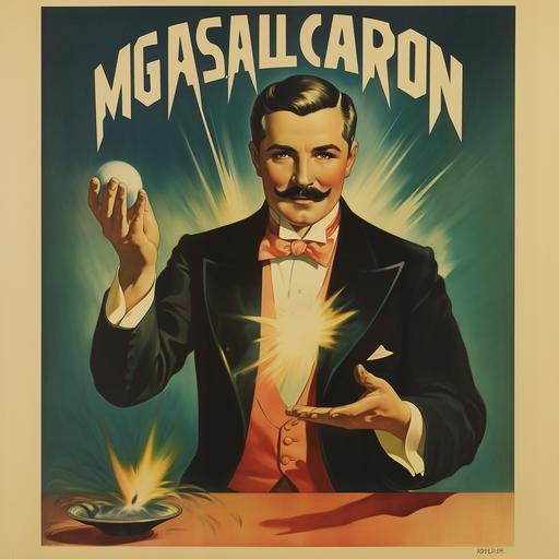 1930s magic show poster with magician with mustache on it, 1930s pulp style