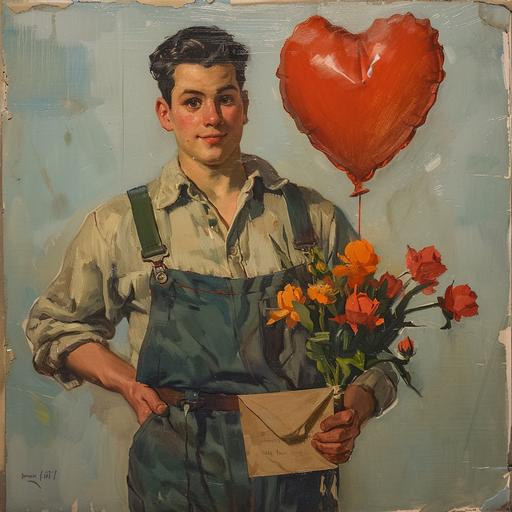 1930s nerdy young man, wearing overalls and carrying a bouqeut of flowers, a love letter, and a red heart-shaped balloon.