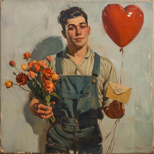 1930s nerdy young man, wearing overalls and carrying a bouqeut of flowers, a love letter, and a red heart-shaped balloon.