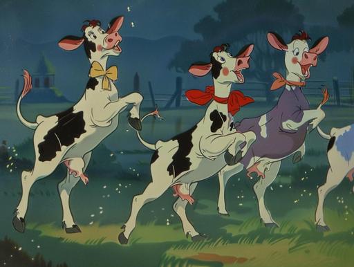 1933 animated dancing happy cows in art deco clothing, max fleischer, technicolor --ar 4:3 --v 6.0