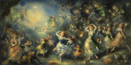 1933 painting by Pierre-Auguste Renoir, painted on Diorite igneous rock. Young green Alien Princess carelessly dancing in the annual celebration of the alien king --v 5a --ar 2:1 --s 900