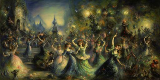 1933 painting by Pierre-Auguste Renoir, painted on Diorite igneous rock. Young green Alien Princess carelessly dancing in the annual celebration of the alien king --v 5a --ar 2:1 --s 900