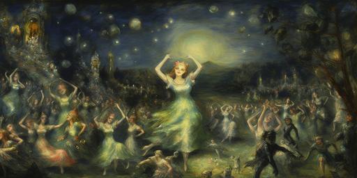 1933 painting by Pierre-Auguste Renoir, painted on Diorite igneous rock. Young green Alien Princess carelessly dancing in the annual celebration of the alien king --v 5a --ar 2:1 --s 900