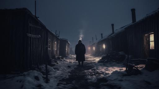 1940's lignite mines, small klondike sheds as houses. Freezing Woman with empty sacs begging for coal. Cold night. Heavy snow. gritty. Peaky blinders style --ar 16:9