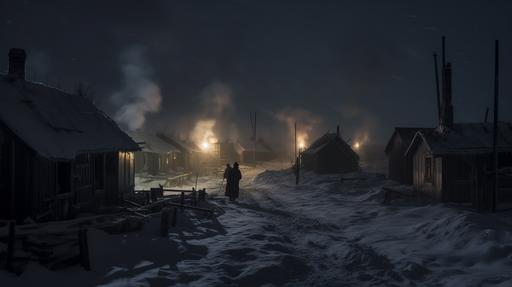 1940's lignite mines, small klondike sheds as houses. Freezing Woman with empty sacs begging for coal. Cold night. Heavy snow. gritty. Peaky blinders style --ar 16:9