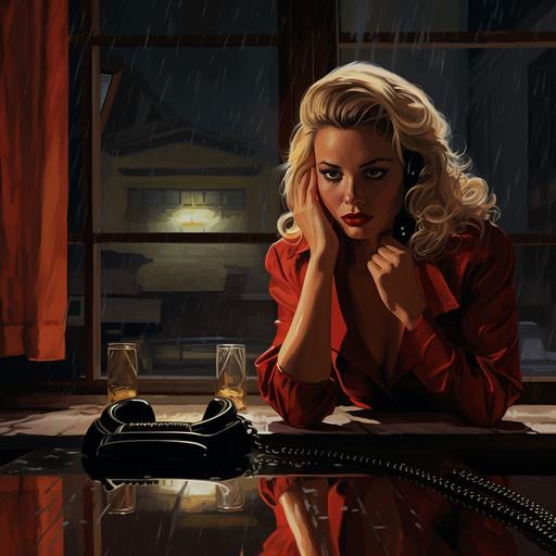 1940's pulp fiction film noir style. Hand drawn. Dramatic. Inside an apartment a beautiful blonde woman sits looking at a red telephone on the table in front of her. She is waiting desperately for a call. Theres a red neon sign outside the window in the rain. Strong emotional impact. Renato Fratini style