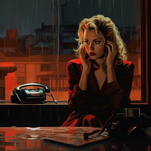 1940's pulp fiction film noir style. Hand drawn. Dramatic. Inside an apartment a beautiful blonde woman sits looking at a red telephone on the table in front of her. She is waiting desperately for a call. Theres a red neon sign outside the window in the rain. Strong emotional impact. Renato Fratini style