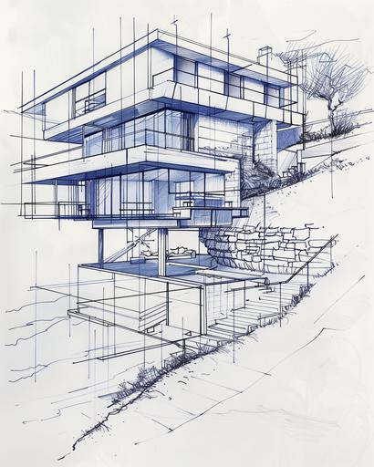 1950 architecture, dwelling in the blue mountains Australia, cross-hatching in etching scratchboard style, wavy lines, line drawing, graphics, blue ballpoint pen drawing, --chaos 20 --ar 4:5 --v 6.0