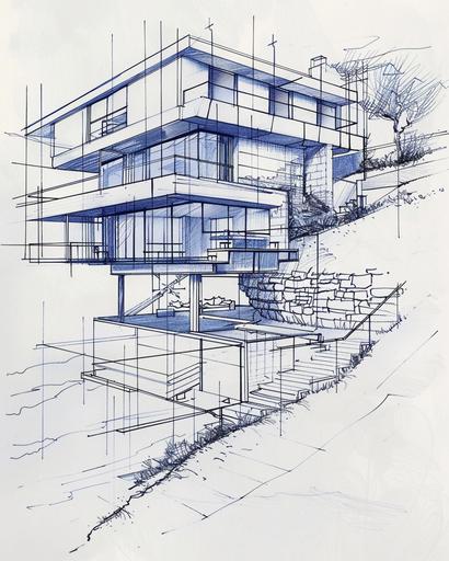 1950 architecture, dwelling in the blue mountains Australia, cross-hatching in etching scratchboard style, wavy lines, line drawing, graphics, blue ballpoint pen drawing, --chaos 20 --ar 4:5