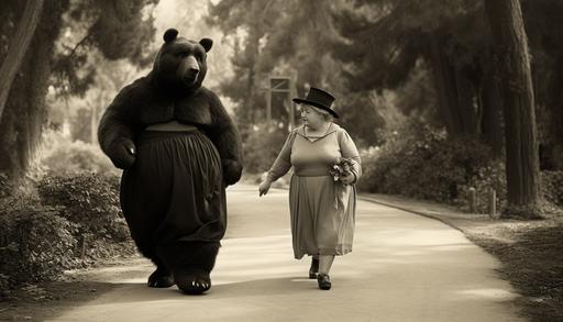 1950, black and white photo, older slightly overweight lady walks in black dress and hat accompannied by winnie the pooh --ar 7:4