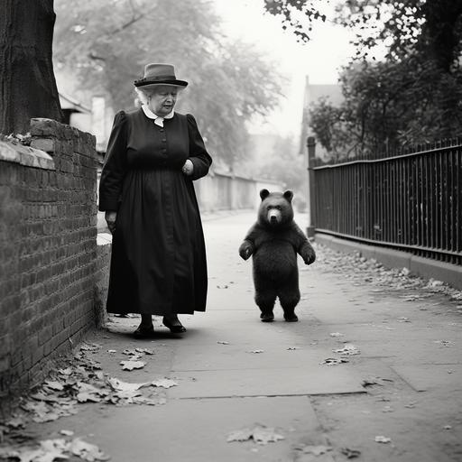 1950, black and white photo, older slightly overweight lady walks in black dress and hat accompannied by winnie the pooh