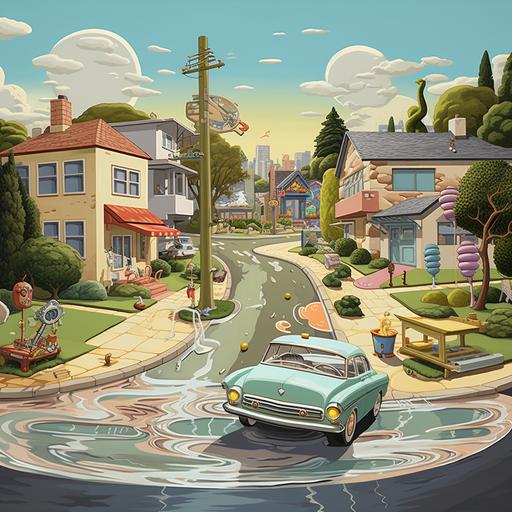 1950's Suburbia invaded by characters from 90s cartoons, acid-trip visuals::25 Abbey Road style gold leaf zebra crossing with 80s cartoon characters performing a musical showdown::20 2d matte painting of a surreal, distorted suburban landscape, blending retro and futuristic elements::15