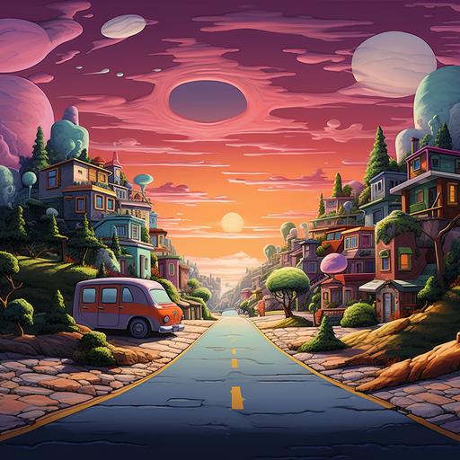 1950's Suburbia invaded by etruscan characters from 90s cartoons, acid-trip visuals::25 Abbey Road style thematic zebra crossing with 80s cartoon characters performing a musical showdown::20 2d matte painting of a surreal, distorted suburban landscape, blending retro and futuristic elements::15