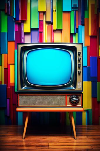 1950s TV set colorful fantasy plain straight angle without people psychodelic colors and pattern --ar 2:3