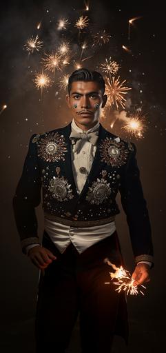 1950s classic full body photographic portrait, handsome mexican man wearing necklace of calaveras, festive, fireworks