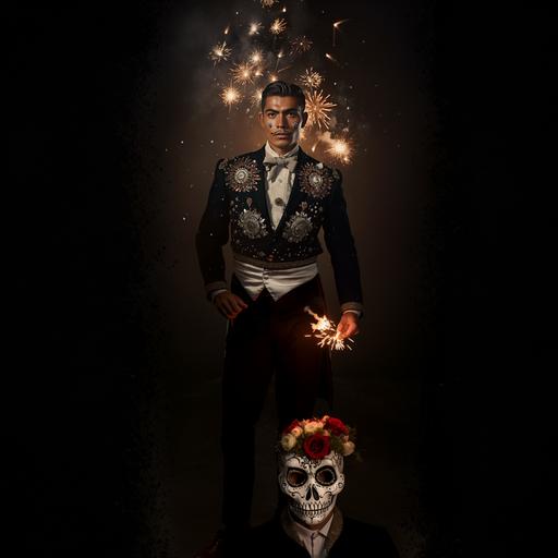 1950s classic full body photographic portrait, handsome mexican man wearing necklace of calaveras, festive, fireworks