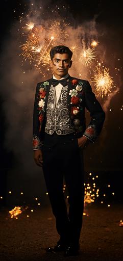 1950s classic full body photographic portrait, handsome mexican man wearing necklace of calaveras, festive, fireworks