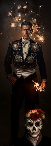 1950s classic full body photographic portrait, handsome mexican man wearing necklace of calaveras, festive, fireworks