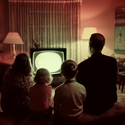 1950s family watching TV, Technicolor image, two men's faces bursting out of the TV set, view from behind family, family are silhouette vignette around the perimeter of the image, the TV is at the centre of the image and is unobstructed by the family, the TV is a giant magic glowing 1950s TV set and is illuminating the faces of the family, the family is a mother, and father, a son and a daughter, the TV is magical and a centrepiece to the image, Norman Rockwell style, airbrush painting --v 5 --v 5