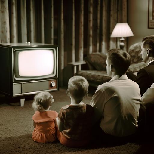 1950s family watching TV, Technicolor image, view from behind family, family are silhouette vignette around the perimeter of the image, the TV is at the centre of the image and is unobstructed by the family, the TV is a giant magic glowing 1950s TV set and is illuminating the faces of the family, the family is a mother, and father, a son and a daughter, the TV is magical and a centrepiece to the image, Norman Rockwell style, airbrush painting --v 5 --v 5